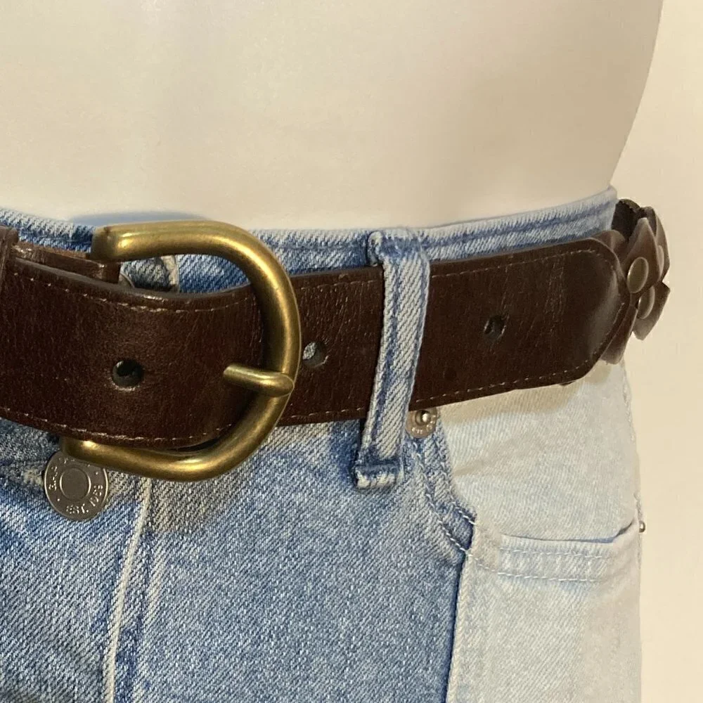 Brown Belt SZ S Braided leather with brass buckle & stud details
